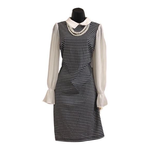 Black white houndstooth sheer long sleeve Pearl necklace Peter Pan collar sheath - Picture 8 of 15